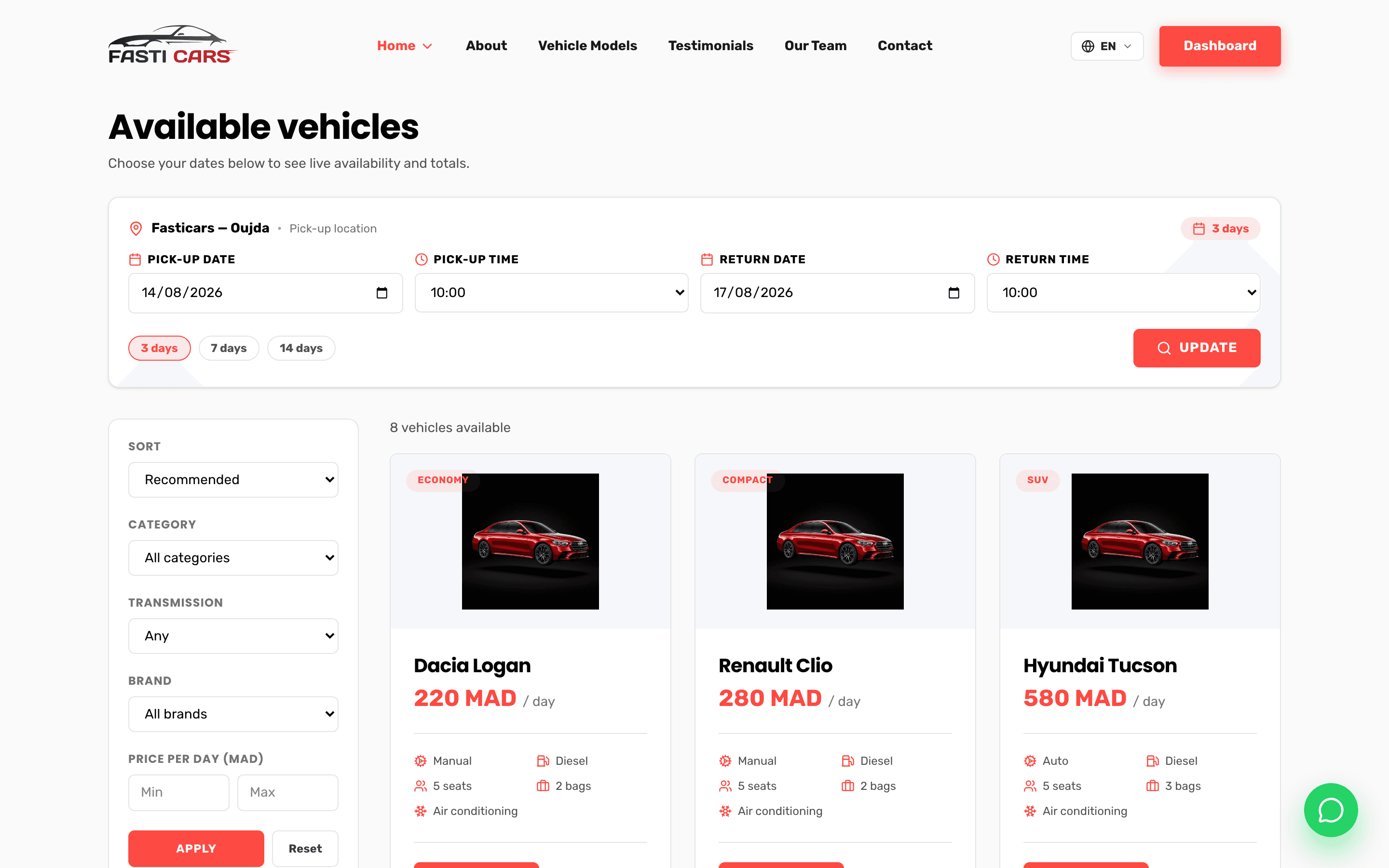 The booking website: available cars and the price for the chosen dates