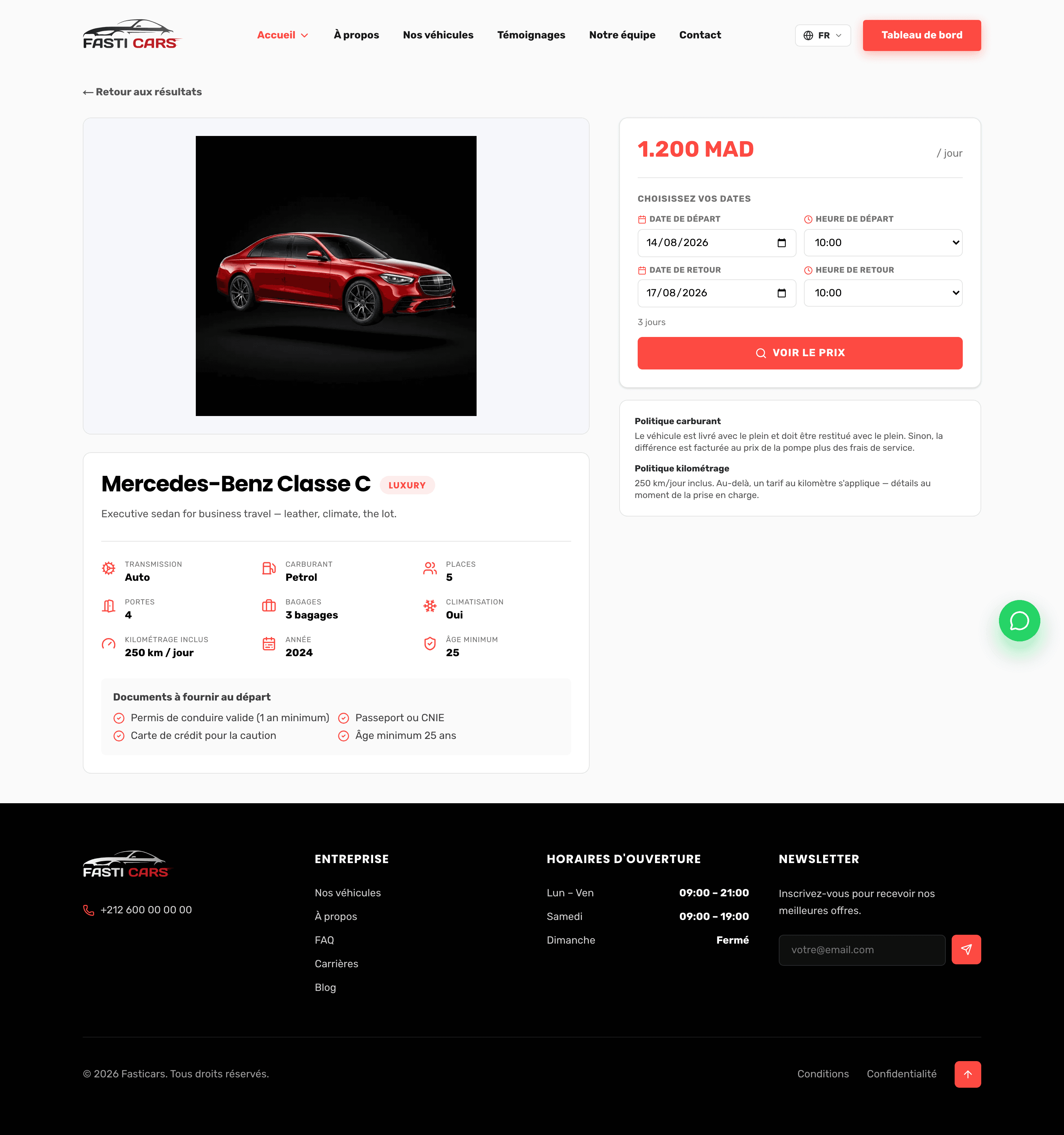 La fiche d'une voiture sur le site de réservation : prix par jour, dates, caractéristiques et politique kilométrique