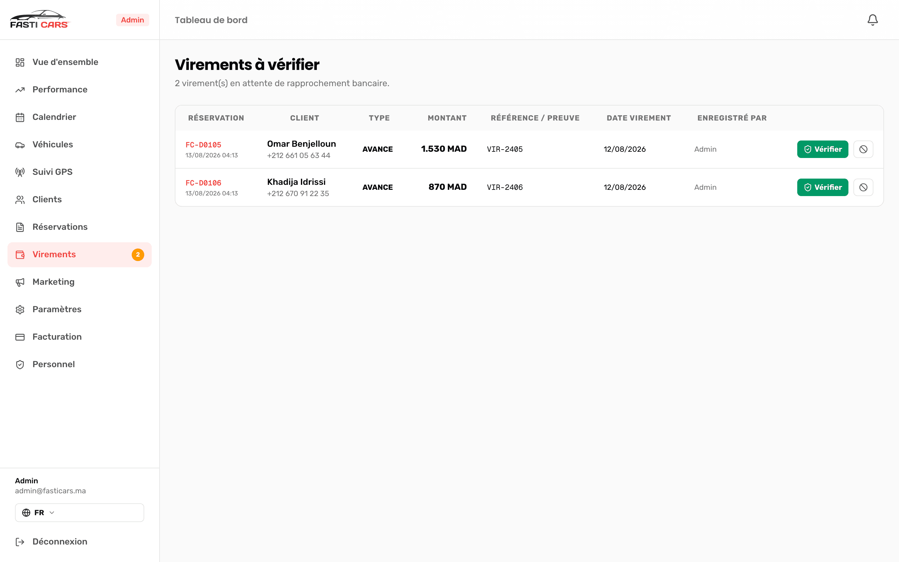 La liste des virements à vérifier : client, montant, référence bancaire et date du virement
